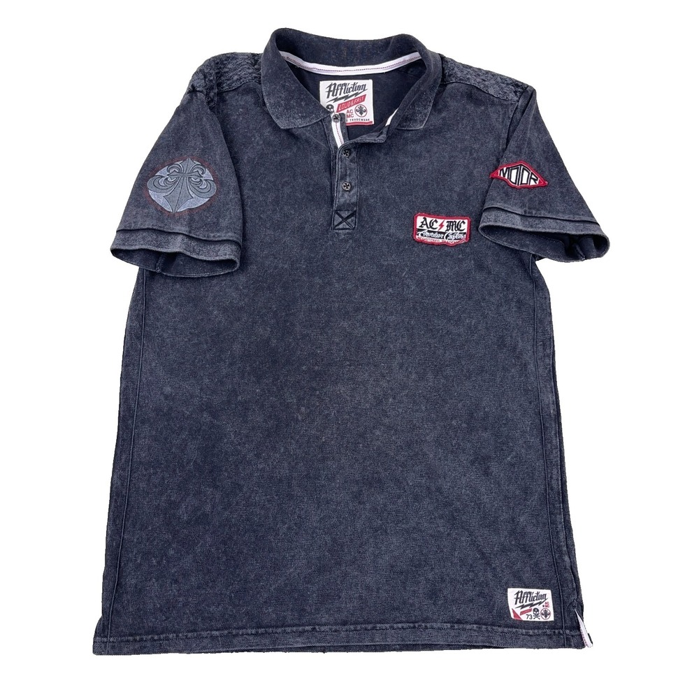 Affliction Polo Shirt Men XL Black Loud & Fast Racing Patch Faded Retro Adult‎